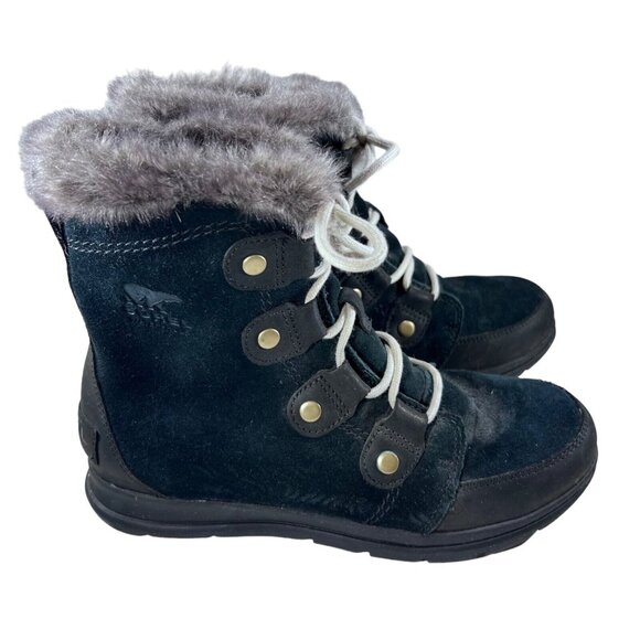 Sorel Explorer Joan Black Suede Womens 8 Waterproof Faux Fur Trimmed Boots - Picture 3 of 13